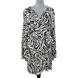 H&M Women's M Black Abstract Faux Wrap V-Neck Bodycon Dress  Long Sleeve